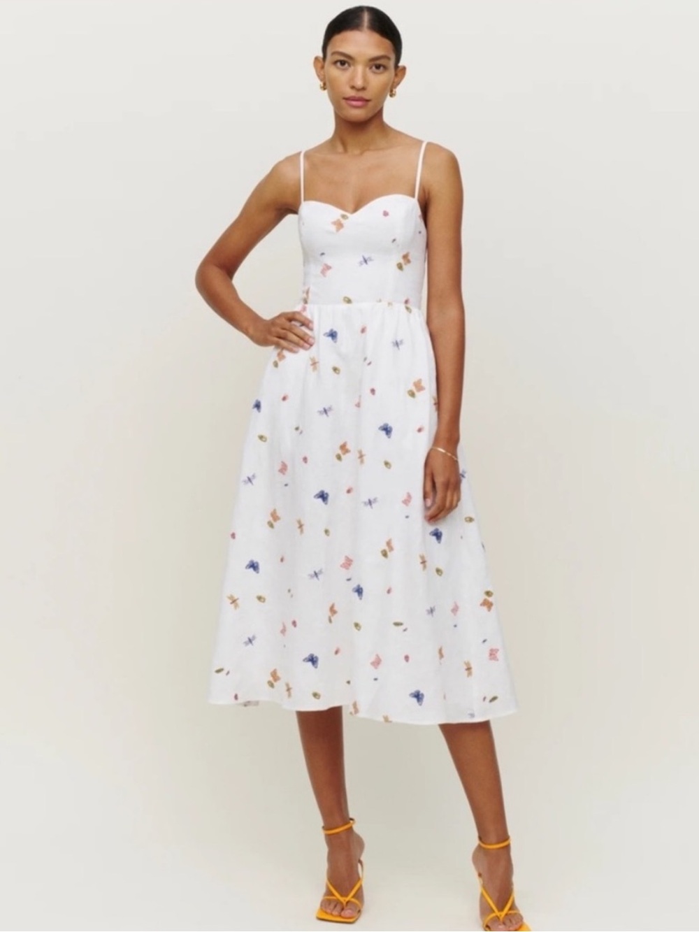 Reformation Zander Linen Dress embroidered bug print